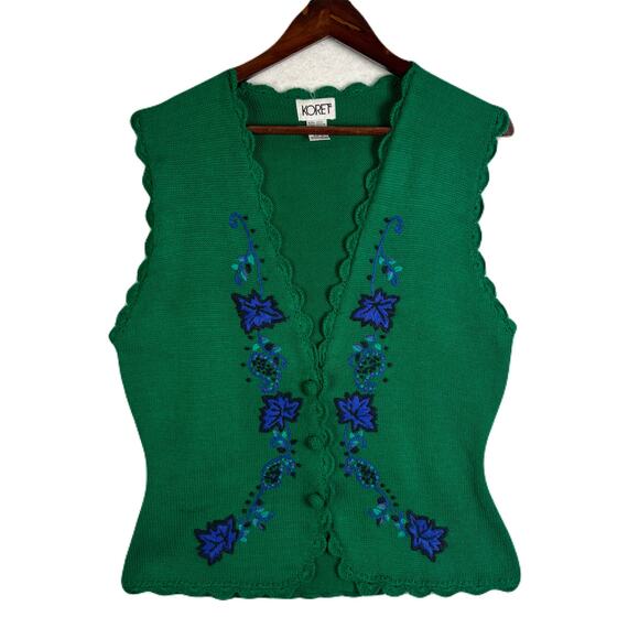 KORET Vintage Green Knit Sweater Vest w/Blue Embroidered Flowers Womens Size M - Picture 1 of 11